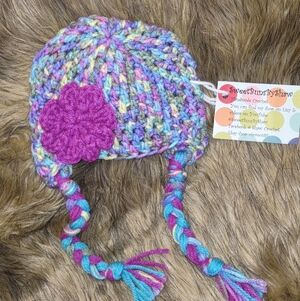 Colorful Crochet Beanie with Purple Flower Baby Osfm 0-3 Months